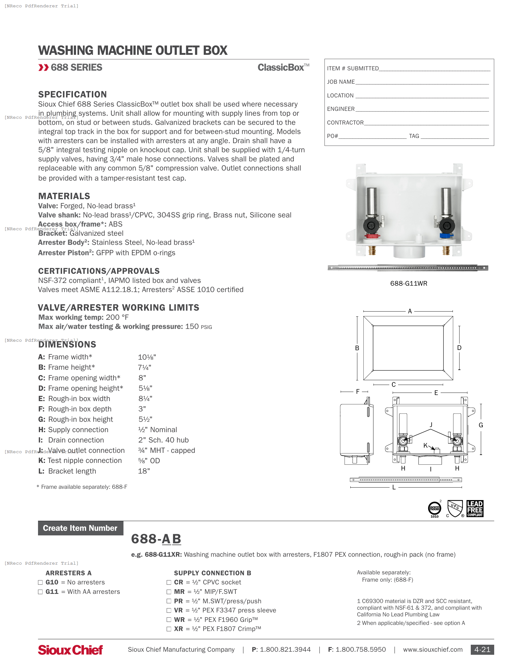 688 SERIES - CLASSICBOX WASHING MACHINE OUTLET BOX - SPEC SHEET.PDF Specification Document